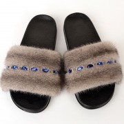 Women Summer Multicolor Fur Slides Real Mink Fur Slides with Gems