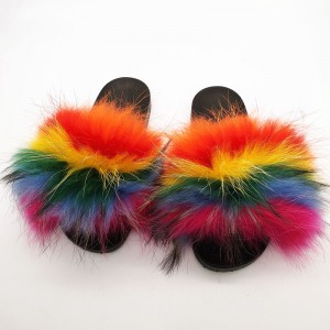 Womens Multicolor Fur Slides Real Raccoon Fur Slides Fluffy Multicolor
