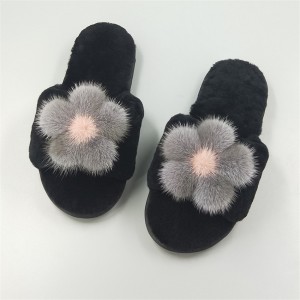 High Quality Cashmere Slippers Womens Decorated with Mink Fur Flower