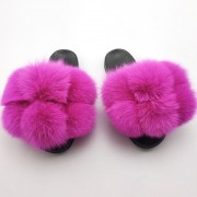 Pure Color Womens Fox Fur Slides Fluffy Slippers
