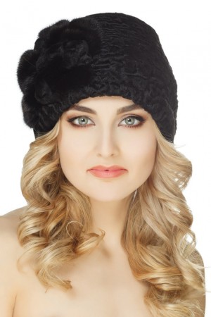 Black Karakul Cap Astrakhan Hat Mink Trim