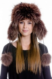 Real Fox Fur Leather Trapper Hat with Pom Pom