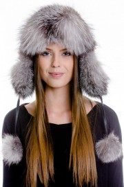 Real Fox Fur Leather Trapper Hat with Pom Pom