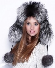 Real Fox Fur Leather Trapper Hat with Pom Pom