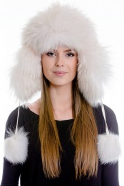 Real Fox Fur Leather Trapper Hat with Pom Pom