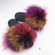 Womens Colorful Real Racoon Fur Slides Soft Raccoon Fur Slippers Fluffy Slides