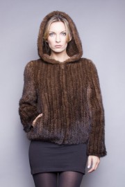 Natural Brown Knitted Mink Fur Jakcet Coat with Hoods