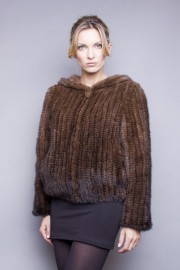 Natural Brown Knitted Mink Fur Jakcet Coat with Hoods