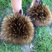 Fluffy Slides Natural Raccoon Slippers Furry Raccoon Slides