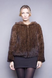 Natural Brown Knitted Mink Fur Jakcet Coat with Hoods