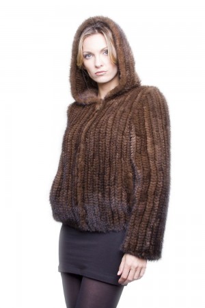 Natural Brown Knitted Mink Fur Jakcet Coat with Hoods