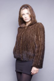 Natural Brown Knitted Mink Fur Jakcet Coat with Hoods