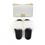 Womens Jelly Fur Slides and Purse Set PU Handbags Real Fox Fur Slides