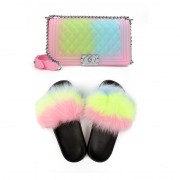 Womens Jelly Fur Slides and Purse Set PU Handbags Real Fox Fur Slides