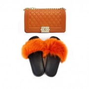 Womens Jelly Fur Slides and Purse Set PU Handbags Real Fox Fur Slides