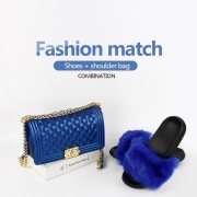 Womens Jelly Fur Slides and Purse Set PU Handbags Real Fox Fur Slides