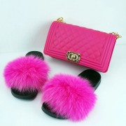 Womens Jelly Fur Slides and Purse Set PU Handbags Real Fox Fur Slides