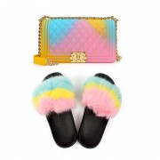 Womens Jelly Fur Slides and Purse Set PU Handbags Real Fox Fur Slides