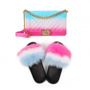 Womens Jelly Fur Slides and Purse Set PU Handbags Real Fox Fur Slides