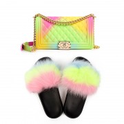 Womens Jelly Fur Slides and Purse Set PU Handbags Real Fox Fur Slides