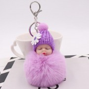 Sleeping Baby With Daisy Hat Chain Puff Ball Keychain