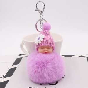 Sleeping Baby With Daisy Hat Chain Puff Ball Keychain