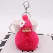 Sleeping Baby With Daisy Hat Chain Puff Ball Keychain