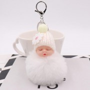 Sleeping Baby With Daisy Hat Chain Puff Ball Keychain