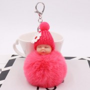 Sleeping Baby With Daisy Hat Chain Puff Ball Keychain