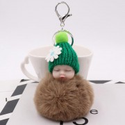 Sleeping Baby With Daisy Hat Chain Puff Ball Keychain