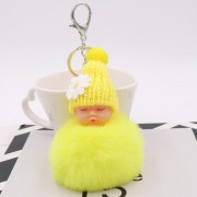 Sleeping Baby With Daisy Hat Chain Puff Ball Keychain