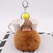 Sleeping Baby With Daisy Hat Chain Puff Ball Keychain