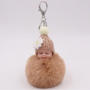 Sleeping Baby With Daisy Hat Chain Puff Ball Keychain