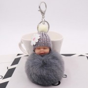 Sleeping Baby With Daisy Hat Chain Puff Ball Keychain