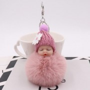 Sleeping Baby With Daisy Hat Chain Puff Ball Keychain