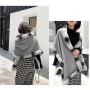 Women Cashmere with Real Rex Rabbit Fur Trim Shawl Chinchilla Design