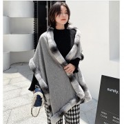 Women Cashmere with Real Rex Rabbit Fur Trim Shawl Chinchilla Design