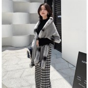 Women Cashmere with Real Rex Rabbit Fur Trim Shawl Chinchilla Design