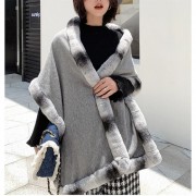 Women Cashmere with Real Rex Rabbit Fur Trim Shawl Chinchilla Design