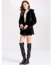 Wome's Natural Black Hooded Mink Fur Coat