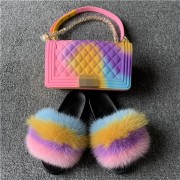 Jelly Purse and Slides Fox Fur Slides with Matching Purse Fluffy Multicolor