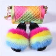 Jelly Purse and Slides Fox Fur Slides with Matching Purse Fluffy Multicolor