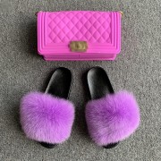 Jelly Purse and Slides Fox Fur Slides with Matching Purse Fluffy Multicolor