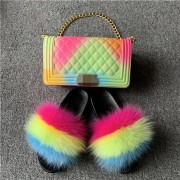 Jelly Purse and Slides Fox Fur Slides with Matching Purse Fluffy Multicolor