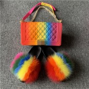 Jelly Purse and Slides Fox Fur Slides with Matching Purse Fluffy Multicolor