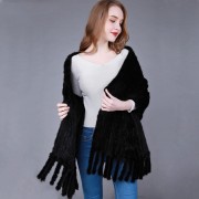 Knitted Mink Fur Shawl with pocket and fringes