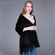 Knitted Mink Fur Shawl with pocket and fringes