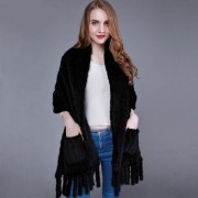 Knitted Mink Fur Shawl with pocket and fringes