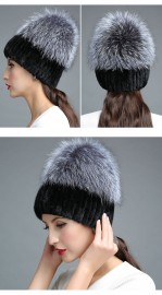 Fashionable Knitted Mink Fur Hat Decorated with Silver Fox Fur