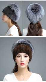 Knitted Mink Fur Hat Decorated with Silver Fox Fur